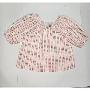 Bubble Elbow Top Womens XS White Red Thread Stripe Balloon Sleeve Blouse
